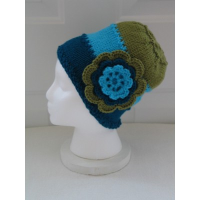 New  Beanie Hat with Flower  TriColor Blues & Green  Handmade Hand Knit  eb-84727572